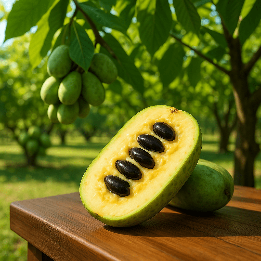 Halved pawpaw fruit with clusters of pawpaw hanging on tree branches – Pawpaw U-Pick in Wisconsin