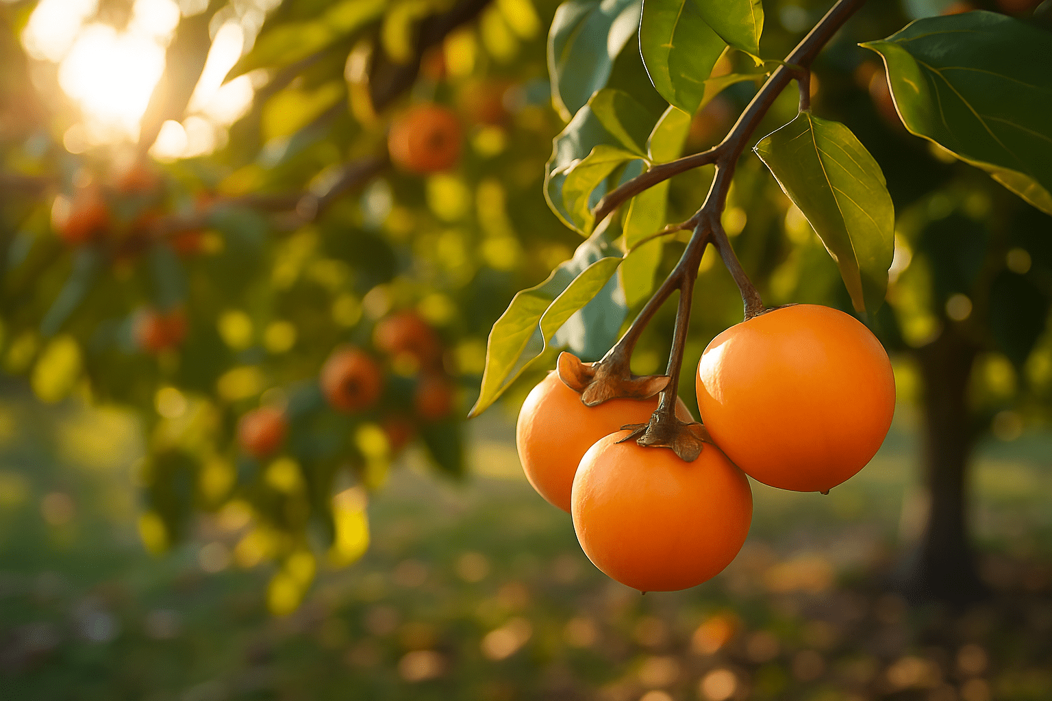 Persimmon U-pick – Ripe persimmons hanging from a tree branch in a sunlit orchard.