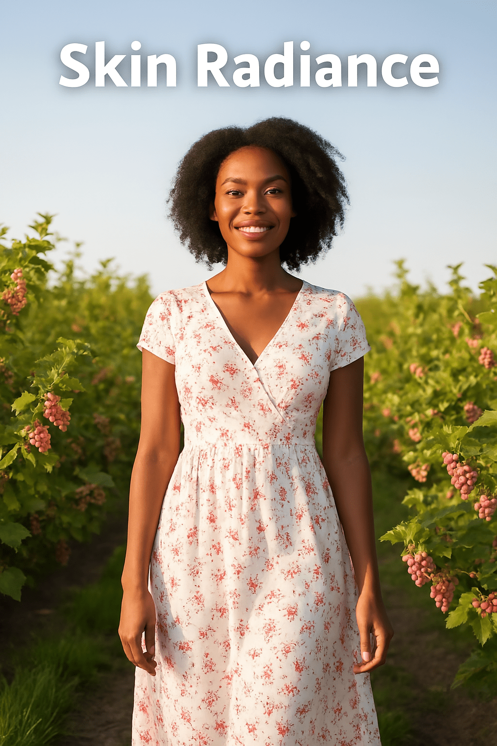 Woman standing near pink currant bushes under “Skin Radiance” heading at Pink Currant U-Pick