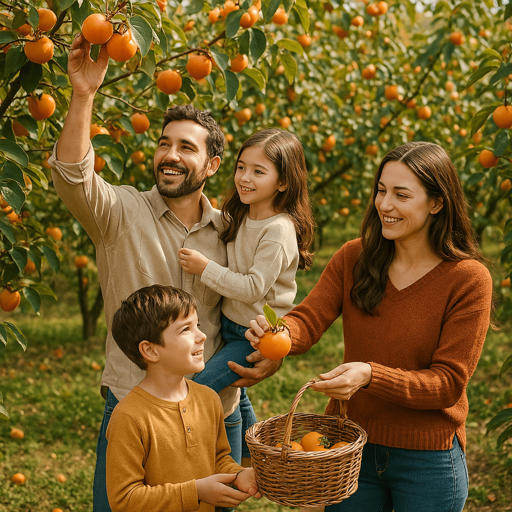 Persimmon U-pick – A family picking ripe persimmons together in a sunny orchard.