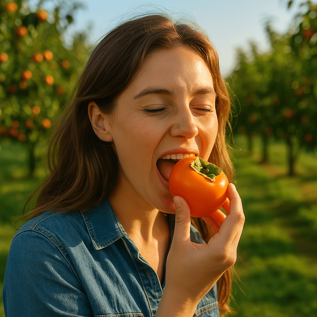 A woman taking a bite of a ripe American persimmon in a sunny orchard during fall.