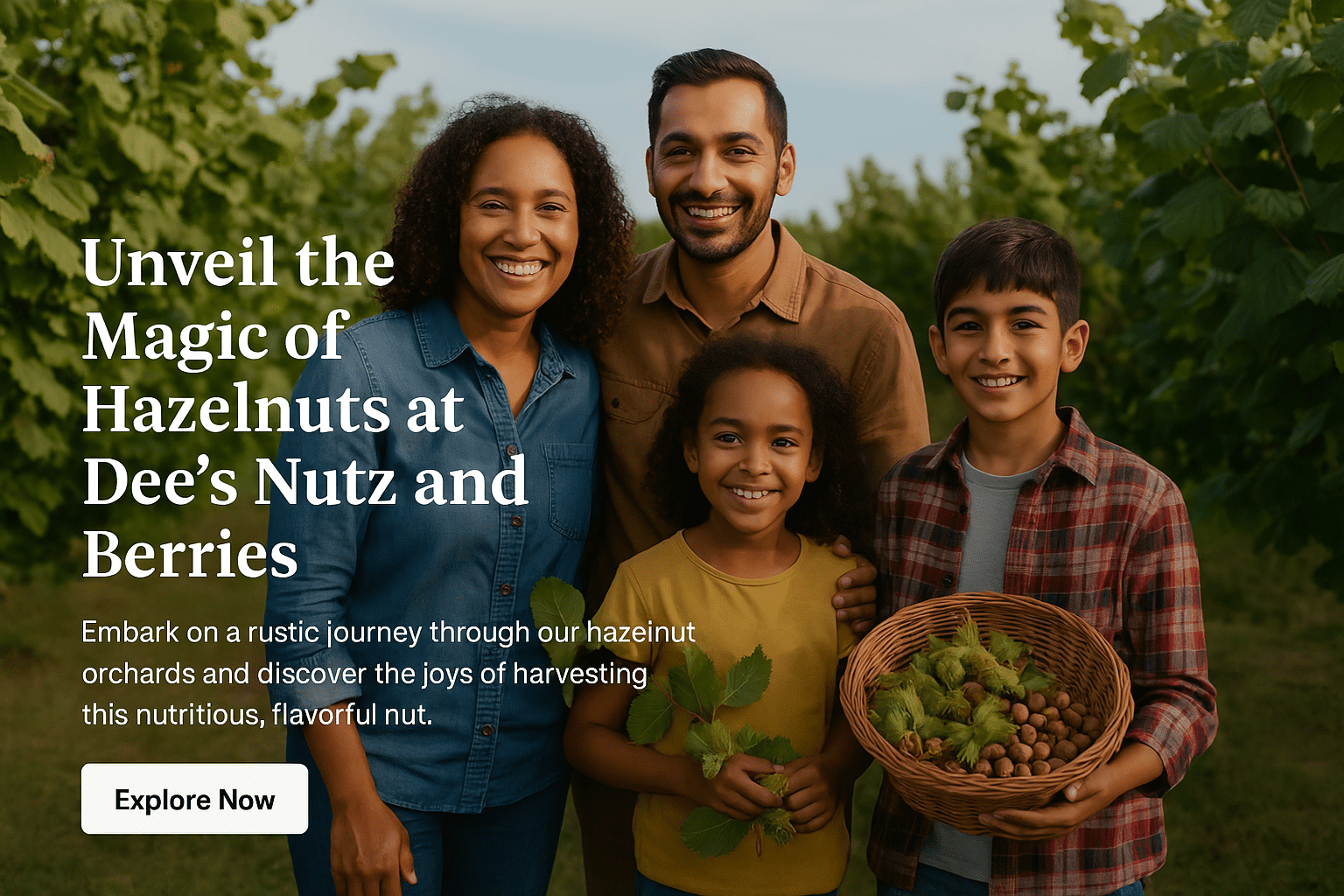 Smiling family holding a basket of freshly picked hazelnuts at a Hazelnut U-Pick farm