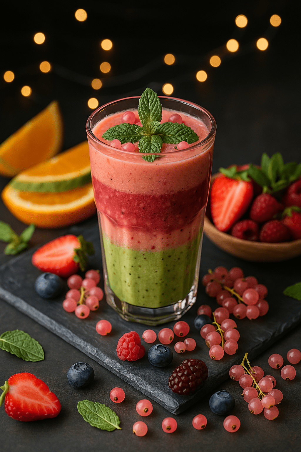 A layered fruit smoothie with strawberries, oranges, greens, and pink currants beside a bowl of fresh fruit, featured on the Pink Currant U-Pick page.