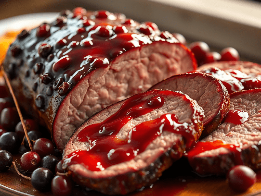 Roast covered in red currant glaze, garnished with herbs and served on a rustic platter.