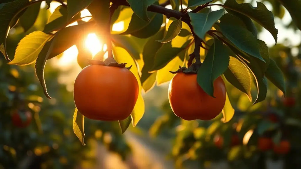 Ripe American persimmons glowing in the sun on a tree branch in a Wisconsin orchard during autumn harvest. - Persimmon U-Pick