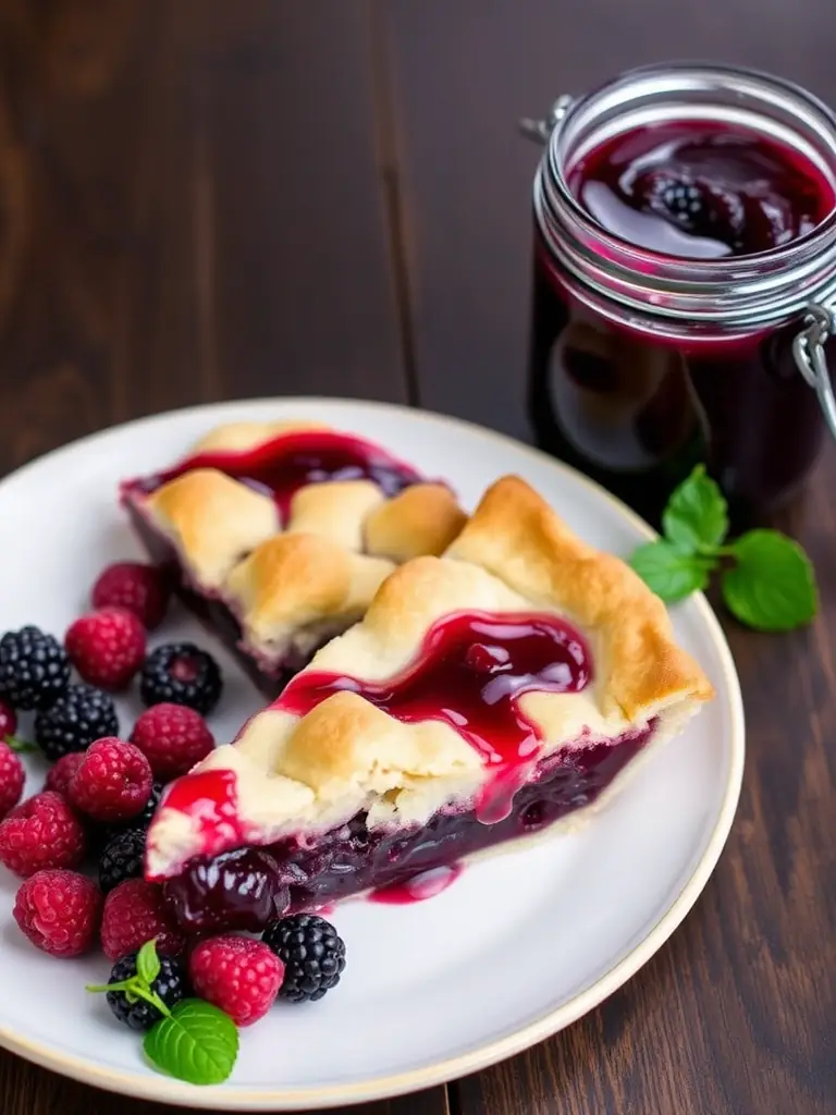 Slice of Juneberry pie with fresh Juneberries on a plate and a jar of juneberry jam collected from a Juneberry U-Pick in Wisconsin