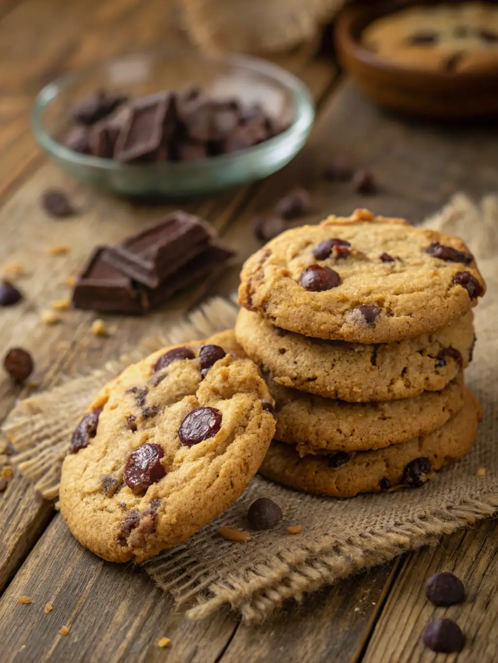 Chocolate chip cookies made with Hazelnuts, stacked on a rustic wooden surface.  Hazelnut U-Pick is a perfect way to obtain the freshest nuts for your favorite treat!