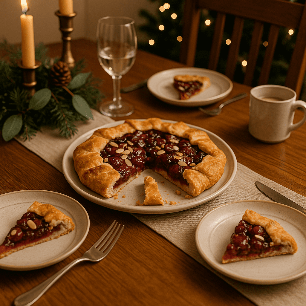 Cherry almond galette with only one slice remaining, served on a festive family holiday table with plates and rustic decorations
