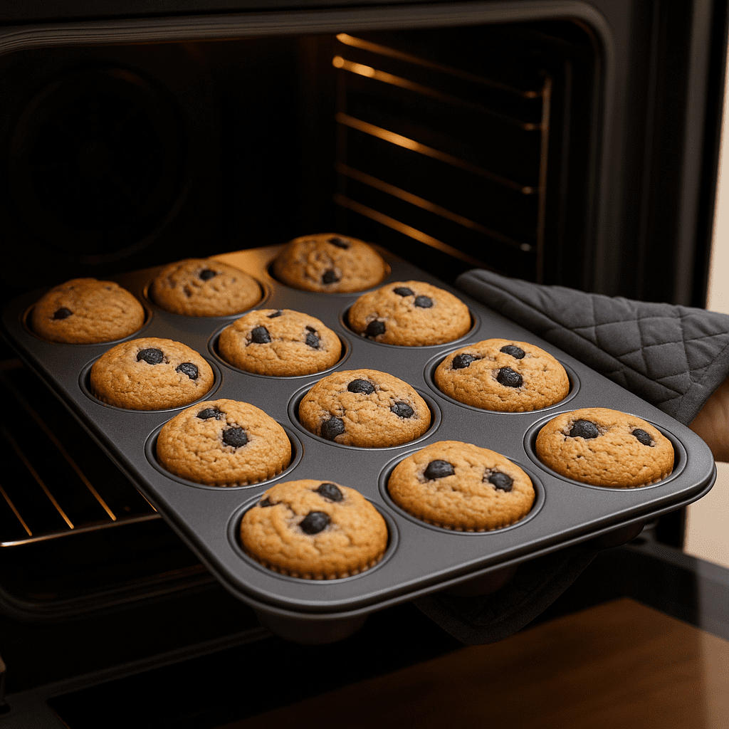 Freshly baked juneberry muffins being pulled from an oven in a rustic kitchen setting, with golden tops and steam rising.