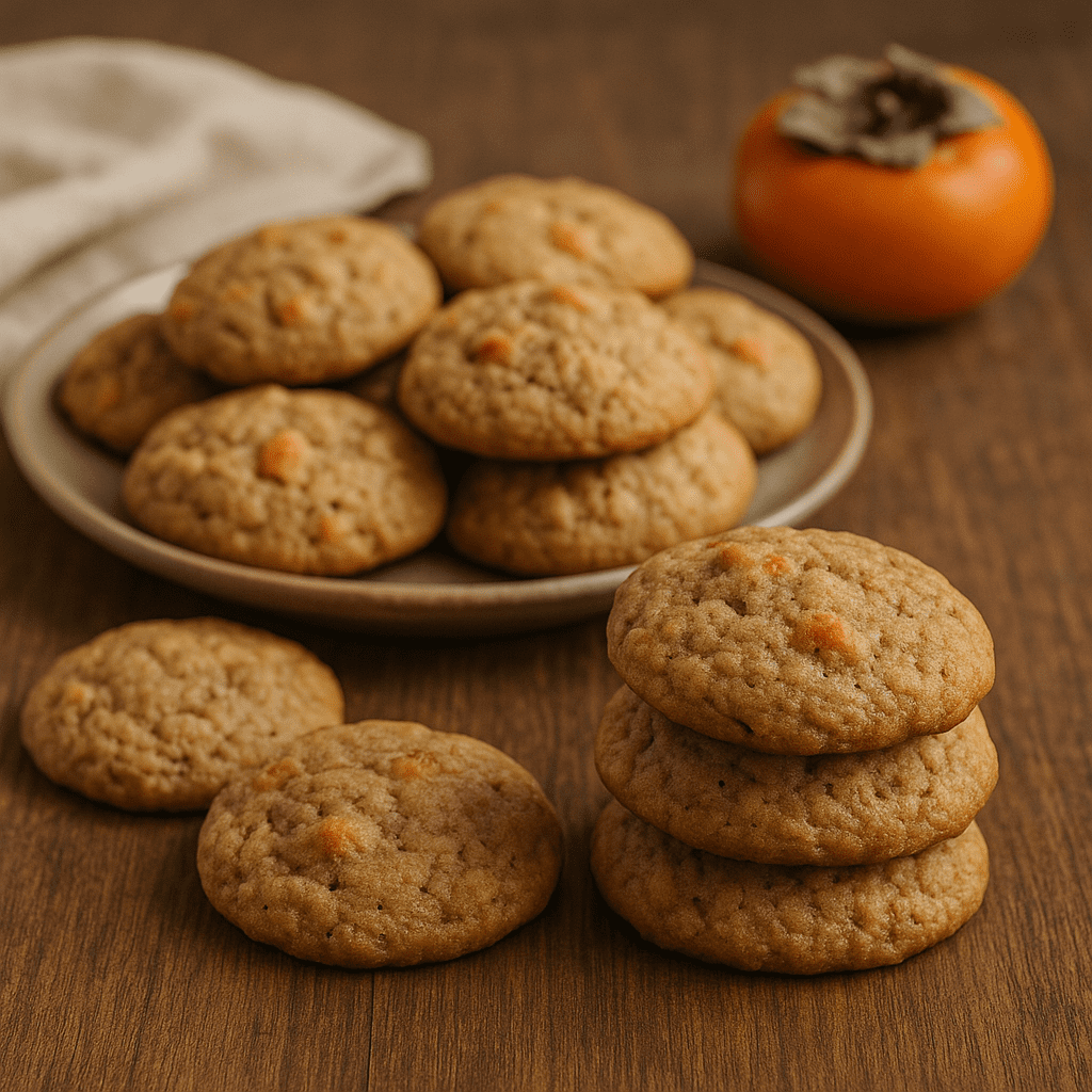 Freshly baked persimmon cookies cooling on parchment paper, golden and soft with a cinnamon finish.