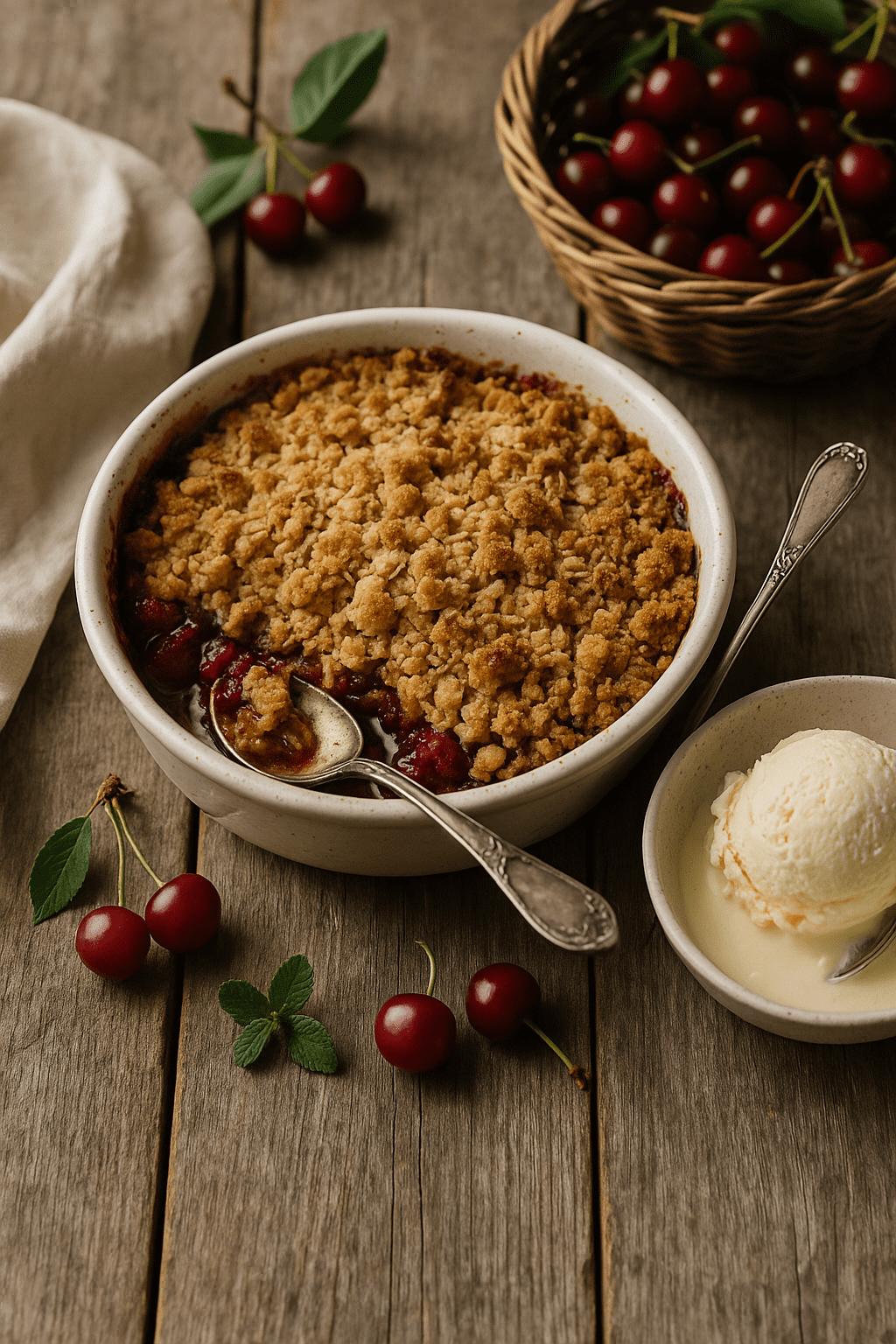 Farmhouse Sour Cherry Crisp with golden oat topping beside a bowl of vanilla ice cream and fresh cherries