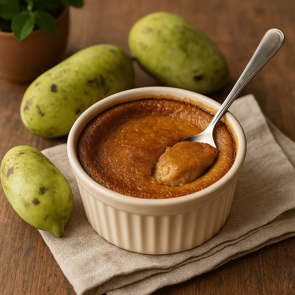 A freshly baked American pawpaw pudding in a round baking dish with ripe American pawpaws beside it on a rustic wooden table.