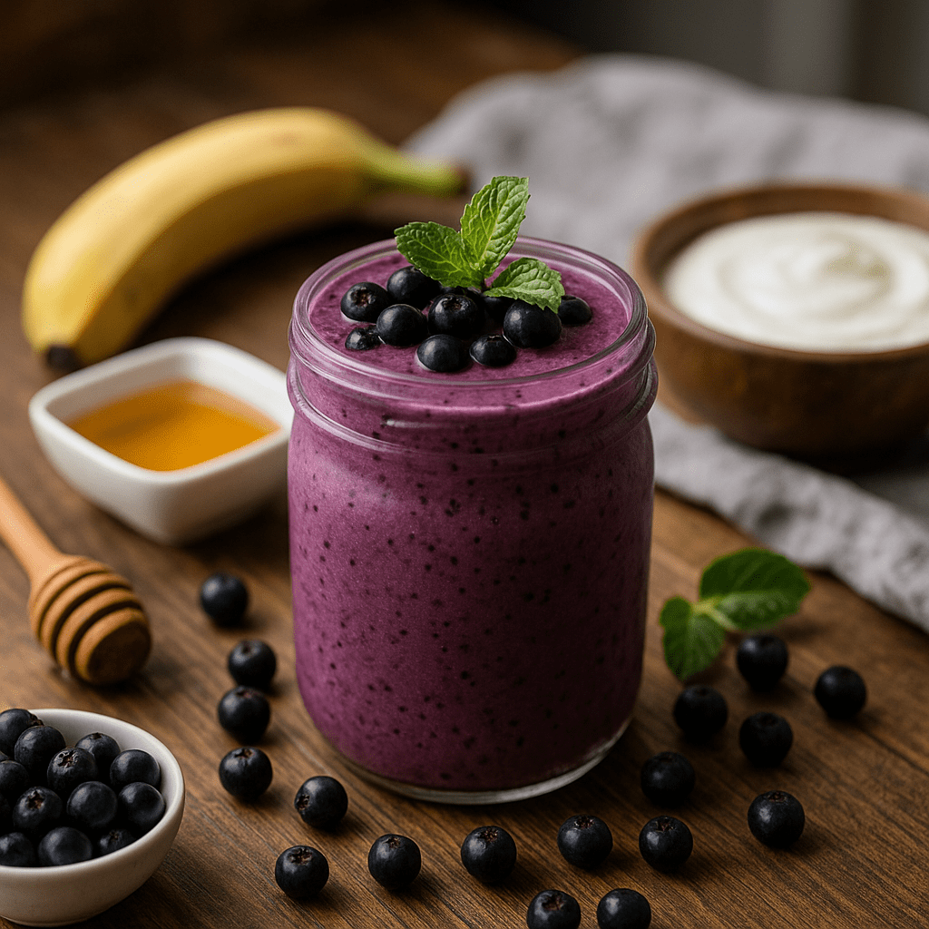 A glass jar of aronia smoothie topped with berries and mint, surrounded by banana, honey, and yogurt on a rustic table