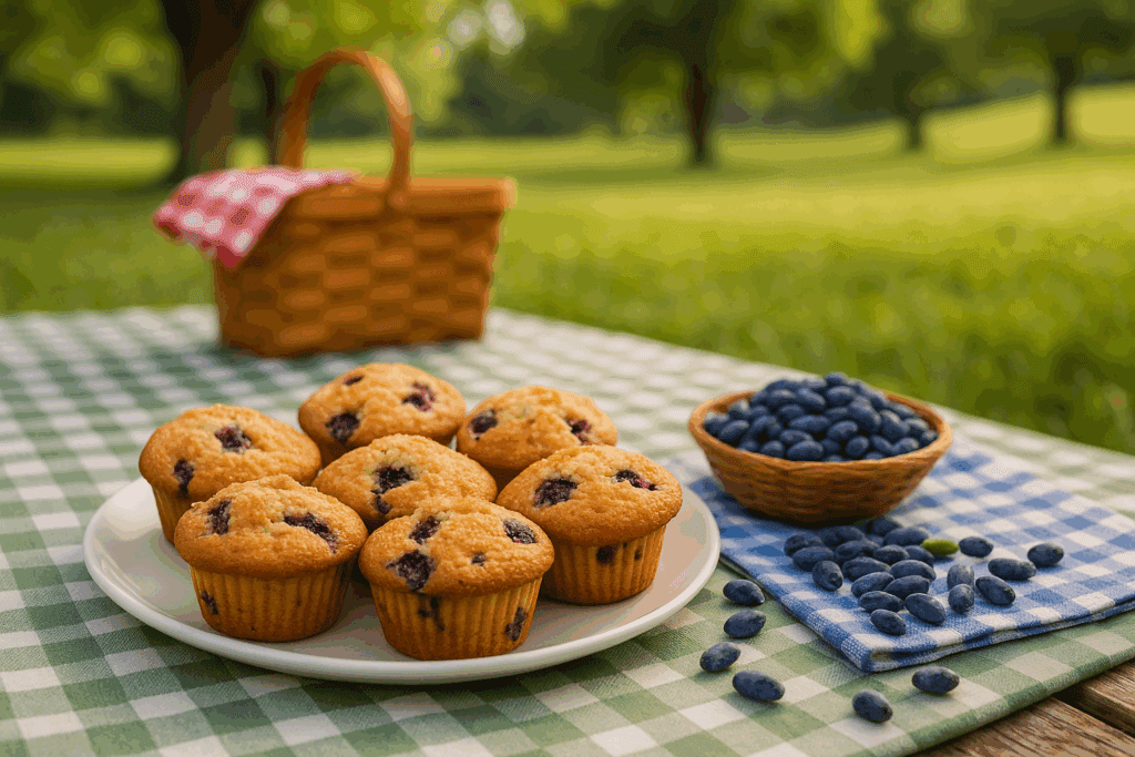 A picnic blanket set outdoors with a basket of honeyberry muffins, a bowl of fresh honeyberries, and a scenic orchard background.