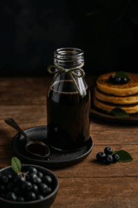 Midnight Elixir: a rich bottle of aronia syrup styled with pancakes and berries for Dee’s Nutz and Berries