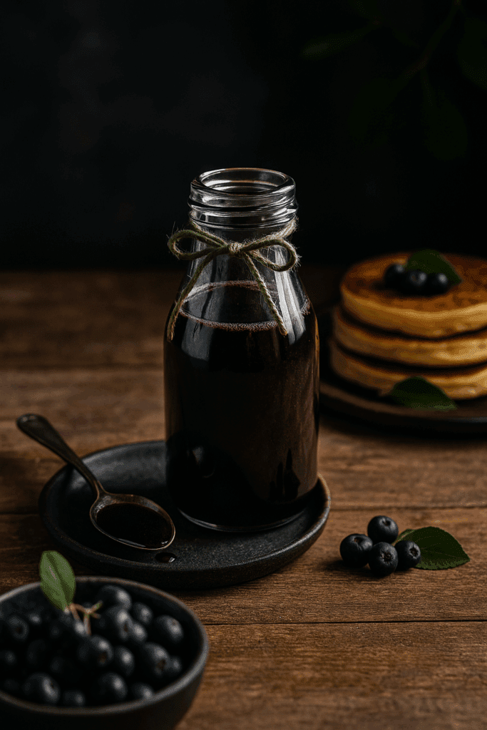 A bottle of aronia syrup with fresh berries, pancakes, and a silver spoon on a rustic wooden table