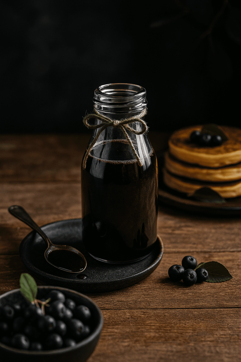 A bottle of aronia syrup with fresh berries, pancakes, and a silver spoon on a rustic wooden table