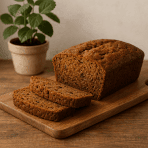A moist, richly spiced loaf of persimmon bread sliced and ready to enjoy — a cozy fall favorite from the orchard kitchen.