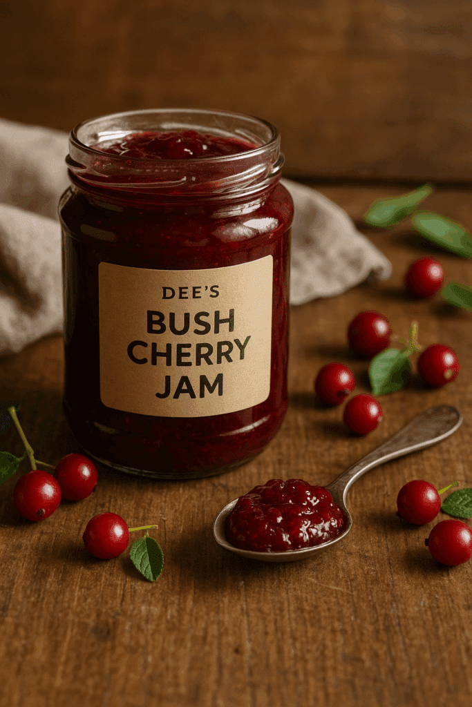 Jar of Dee’s Bush Cherry Jam on a rustic table with fresh cherries and a spoonful of jam beside it