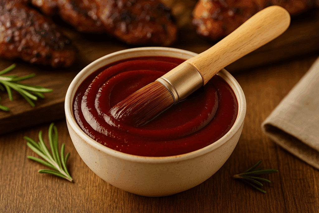 Rustic bowl of bush cherry BBQ sauce with a basting brush on a wooden farmhouse table