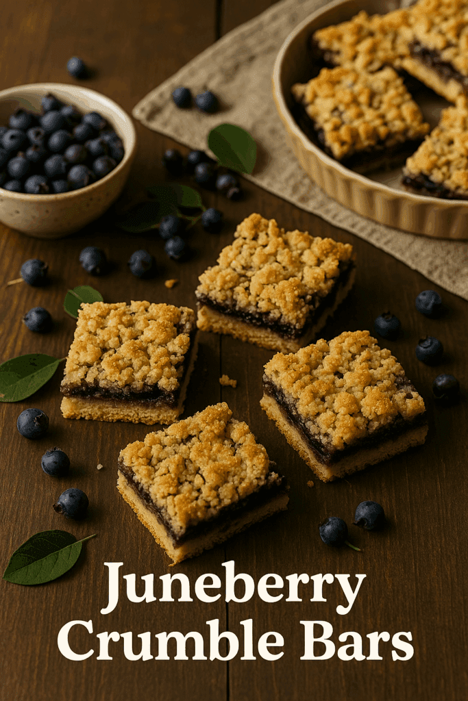 reshly baked Juneberry Crumble Bars on a rustic wooden table with scattered berries and a linen napkin.