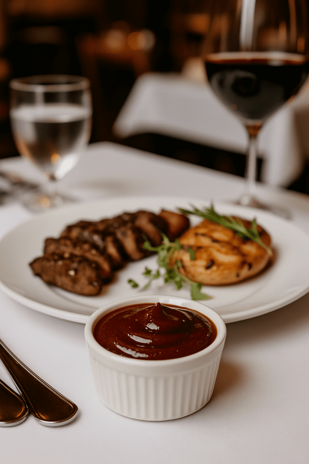 Restaurant scene featuring grilled meats served with a bold, sweet, and smoky bush cherry BBQ sauce