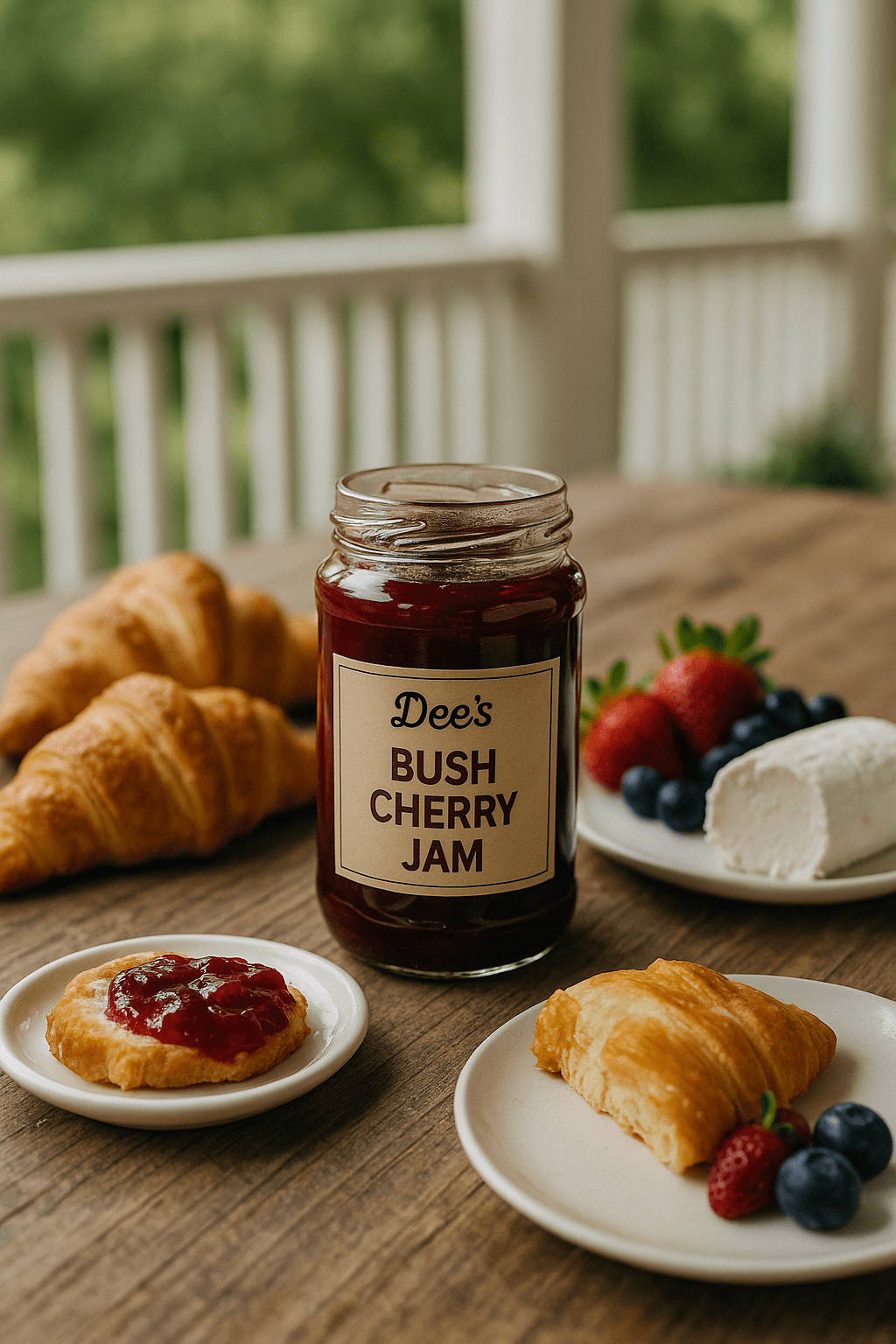 Jar of Dee’s Bush Cherry Jam on a rustic porch breakfast table with croissants, goat cheese, and fresh cherries