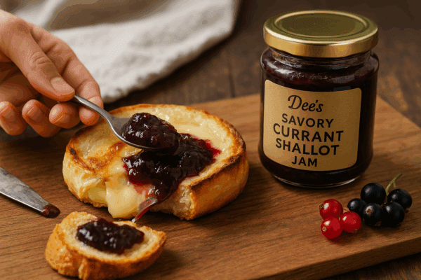 Hand spreading savory currant shallot jam onto crostini with baked brie and Dee’s labeled jar in background