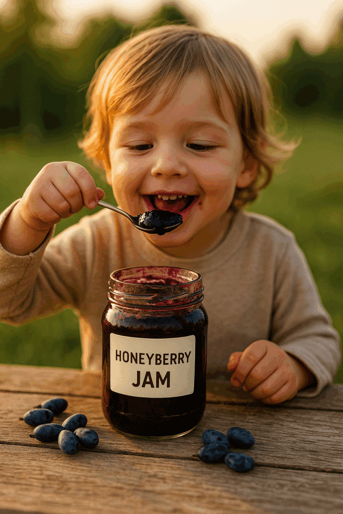 A young child enjoying a spoonful of honeyberry jam, with a jar of deep purple jam set in front of them on a rustic table.