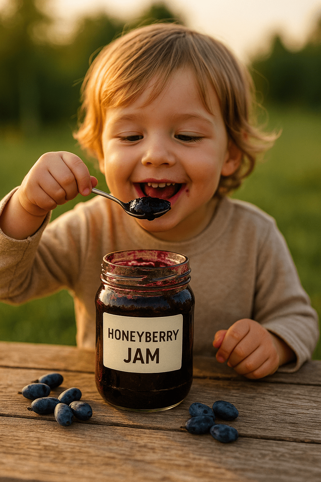 A young child enjoying a spoonful of honeyberry jam, with a jar of deep purple jam set in front of them on a rustic table.