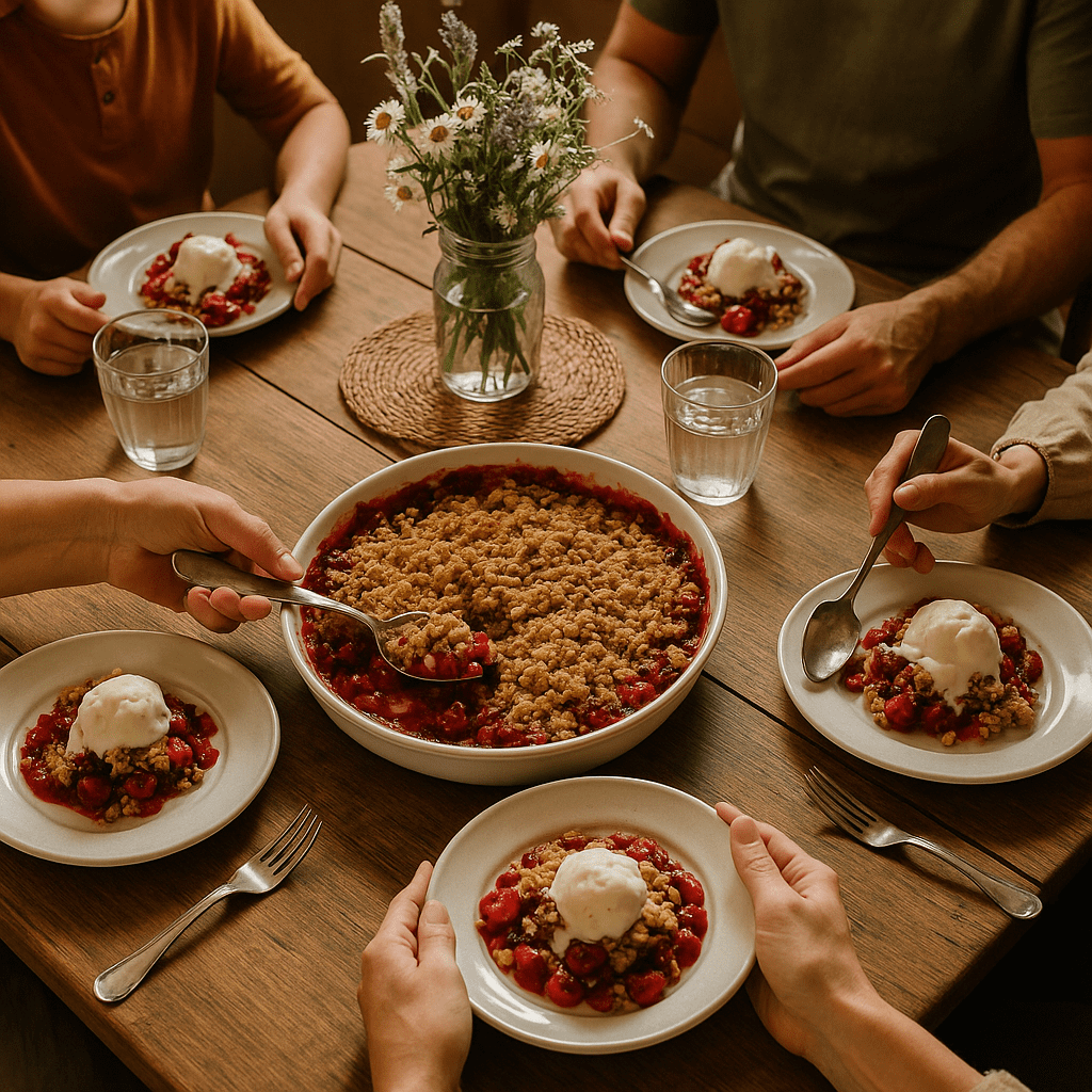Family gathering around a rustic table serving Farmhouse Sour Cherry Crisp with vanilla ice cream