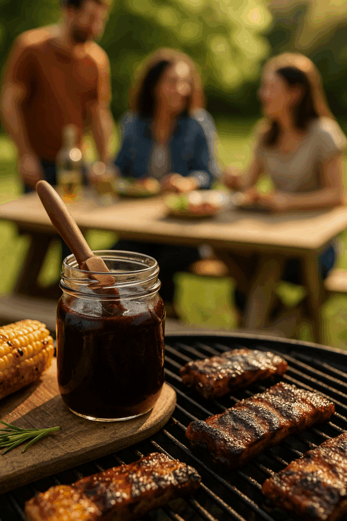 A jar of aronia BBQ sauce beside grilled ribs and corn with family at a backyard picnic