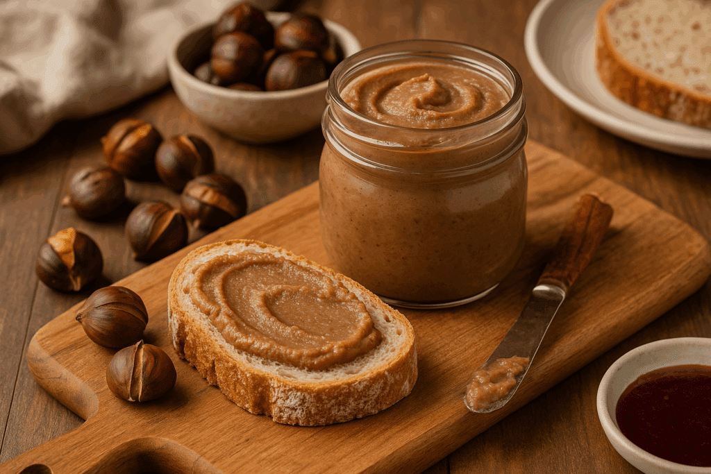 A glass jar of roasted chestnut spread on a rustic wooden table, surrounded by peeled roasted chestnuts and a butter knife.