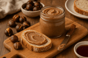 Smooth, nutty roasted chestnut spread — perfect for toast, pastries, or cheese boards, captured in a cozy farmhouse kitchen setting.
