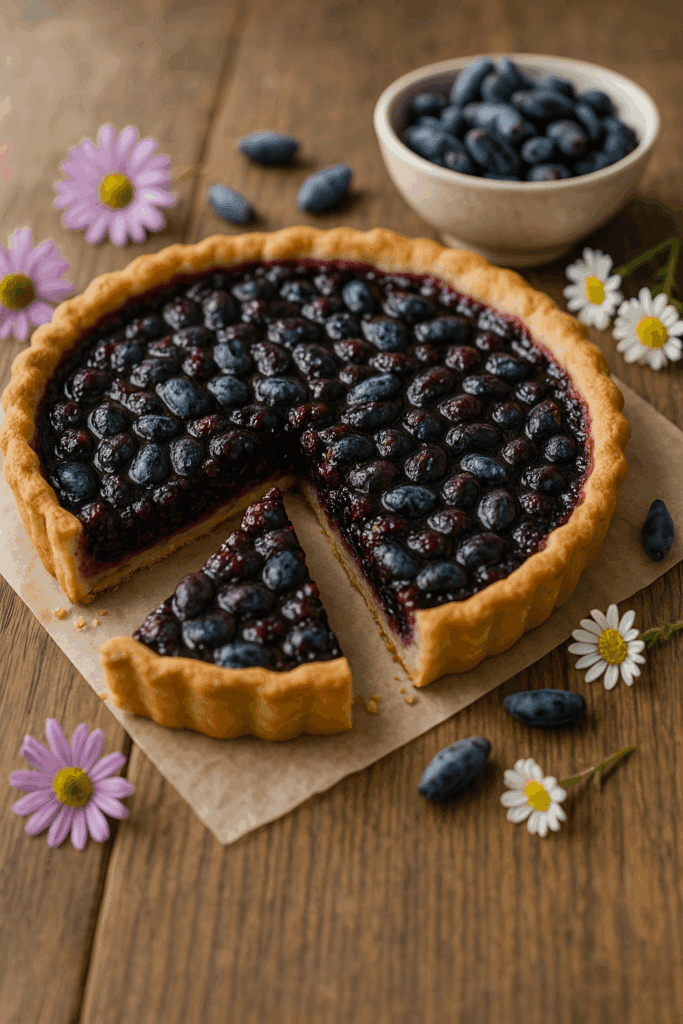 A freshly baked honeyberry tart on a rustic wooden table, sliced and surrounded by wildflowers and fresh honeyberries.