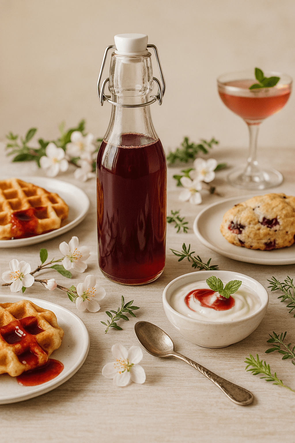 Fresh foods paired with blossom and berry cherry syrup, accented with cherry blossoms and herbs on a rustic table