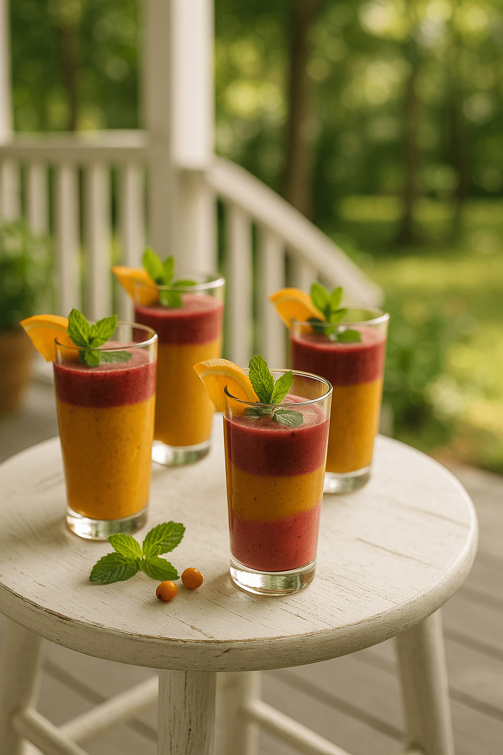 Four Seaberry Sunrise Smoothies on a rustic porch table with mint and citrus garnish