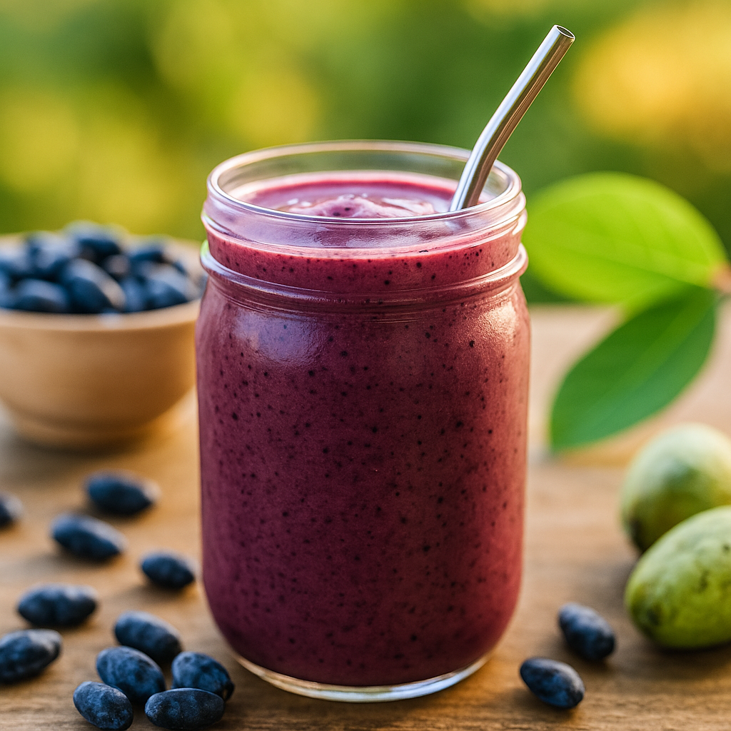 A honeyberry smoothie in a clear glass on a sunlit picnic table, surrounded by fresh honeyberries and spring greenery.