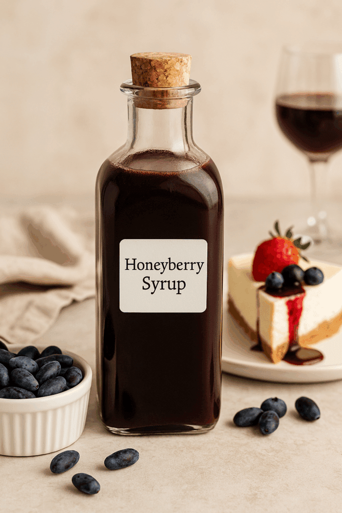 Honeyberry syrup in a glass bottle beside a slice of cheesecake topped with syrup and fresh honeyberries on a rustic wooden table.