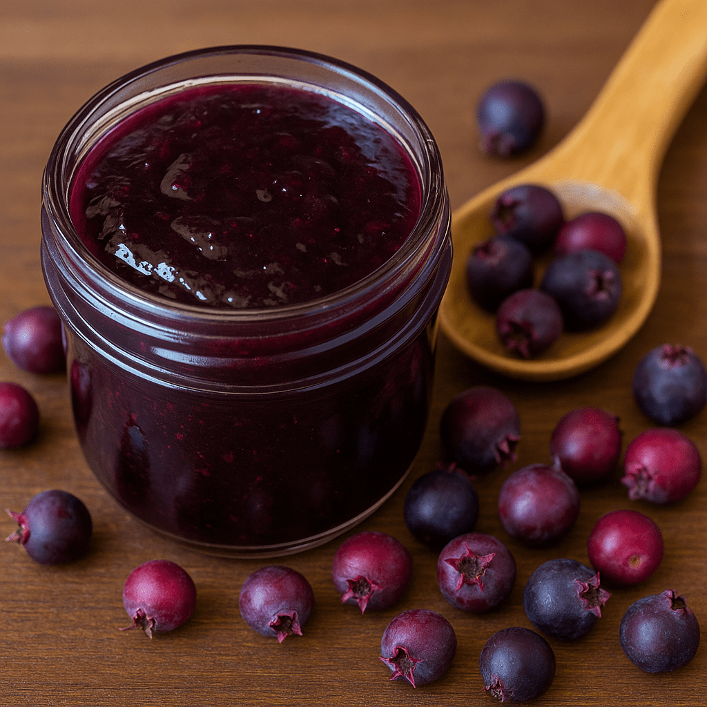 Jar of homemade juneberry jam with a deep purple hue, styled on a rustic table with fresh juneberries and a linen cloth nearby.