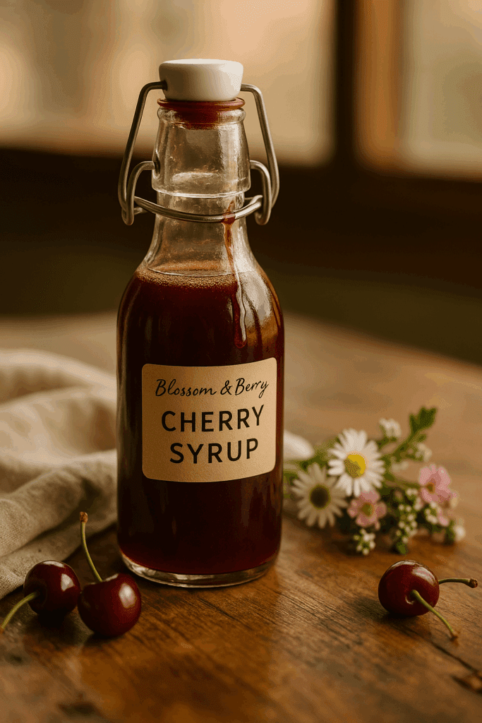 Rustic glass bottle of Blossom & Berry Cherry Syrup with fresh cherries and edible flowers on a wooden farmhouse table