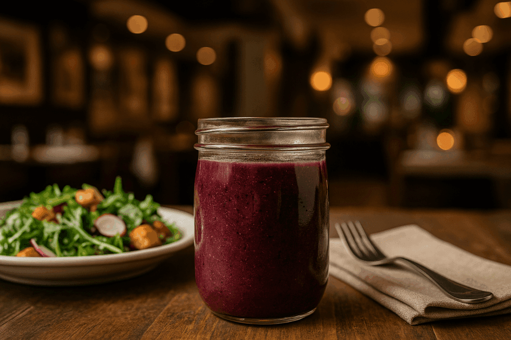 A jar of elderberry vinaigrette on a restaurant table beside a fresh salad and fork