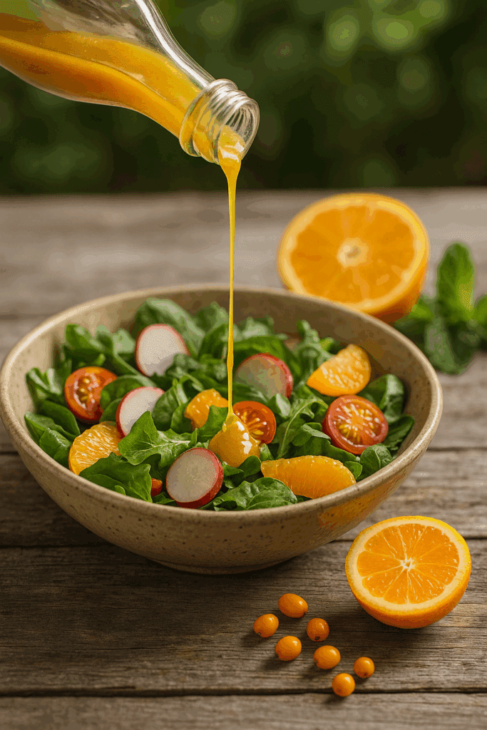 Golden Seaberry Vinaigrette pouring over a vibrant farm-fresh salad with citrus and greens