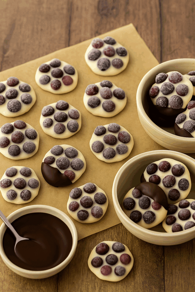 Frozen yogurt-covered Juneberries in a ceramic bowl on a cozy wooden kitchen counter, styled with linen and soft natural light.