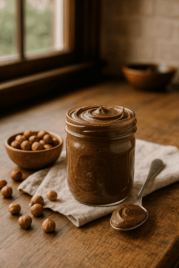 A glass jar of hazelnut chocolate spread with a spoonful beside it, surrounded by raw hazelnuts on a rustic wooden countertop.