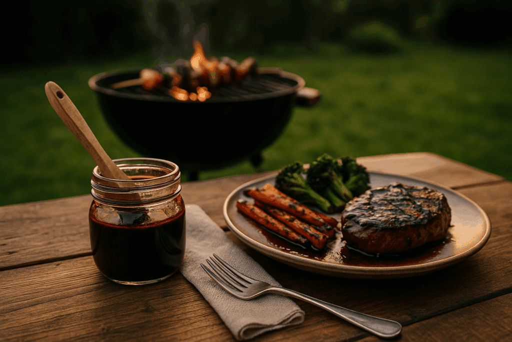 A jar of elderberry glaze beside grilled vegetables and meat at a backyard barbecue