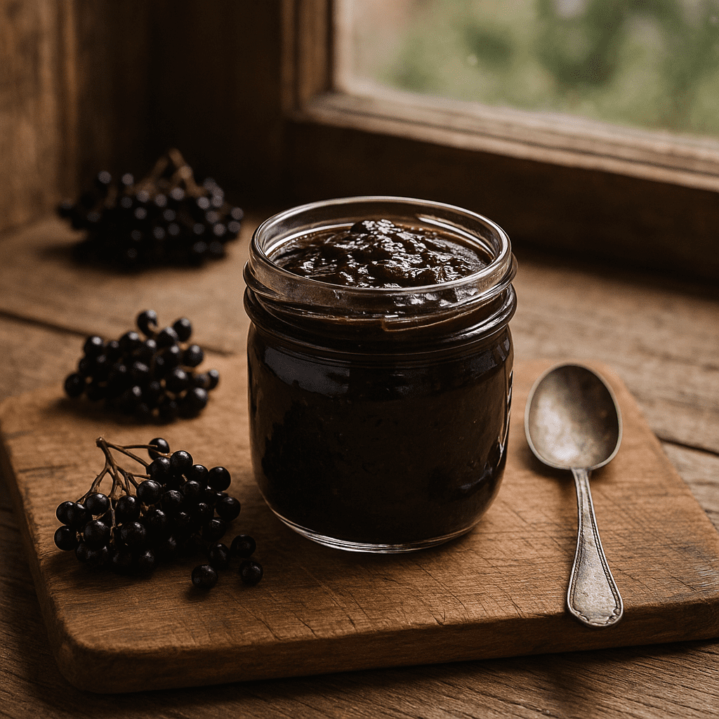 A jar of elderberry jam on a rustic wooden table beside fresh elderberries and an antique spoon