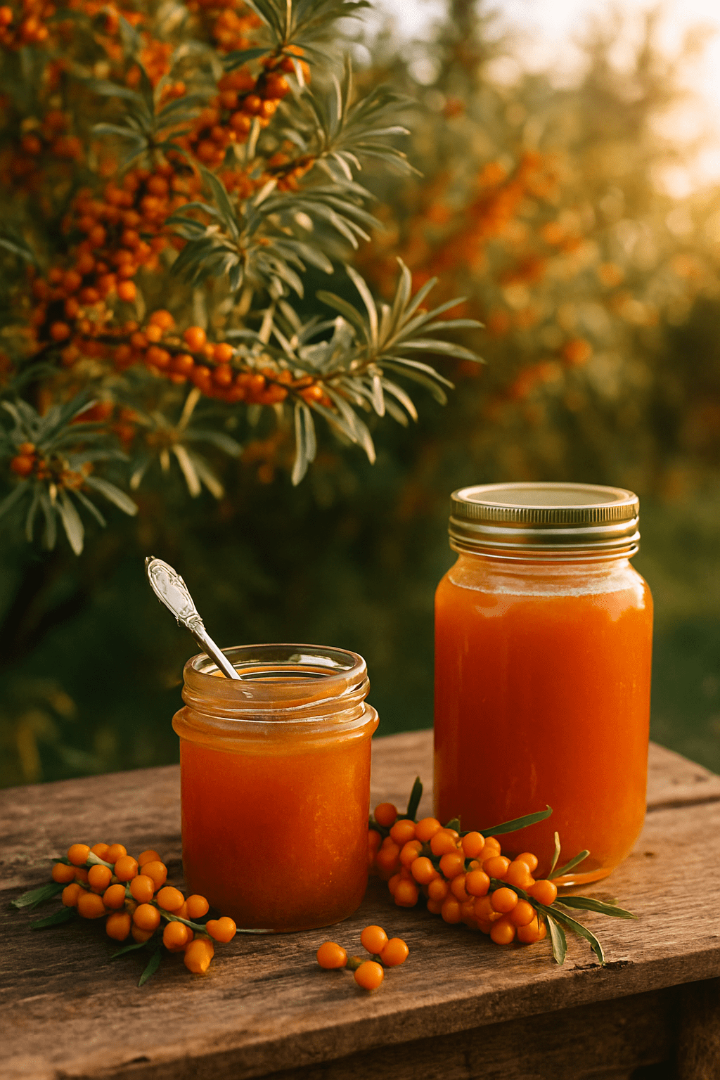 Jars of Orchard Glow Seaberry Jam with fresh seaberries in a sunlit orchard setting