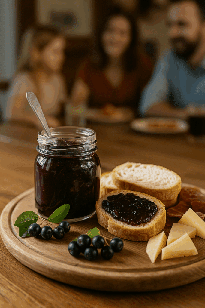 A jar of aronia jam on a charcuterie board with bread, cheese, and berries, with a family enjoying a meal in the background
