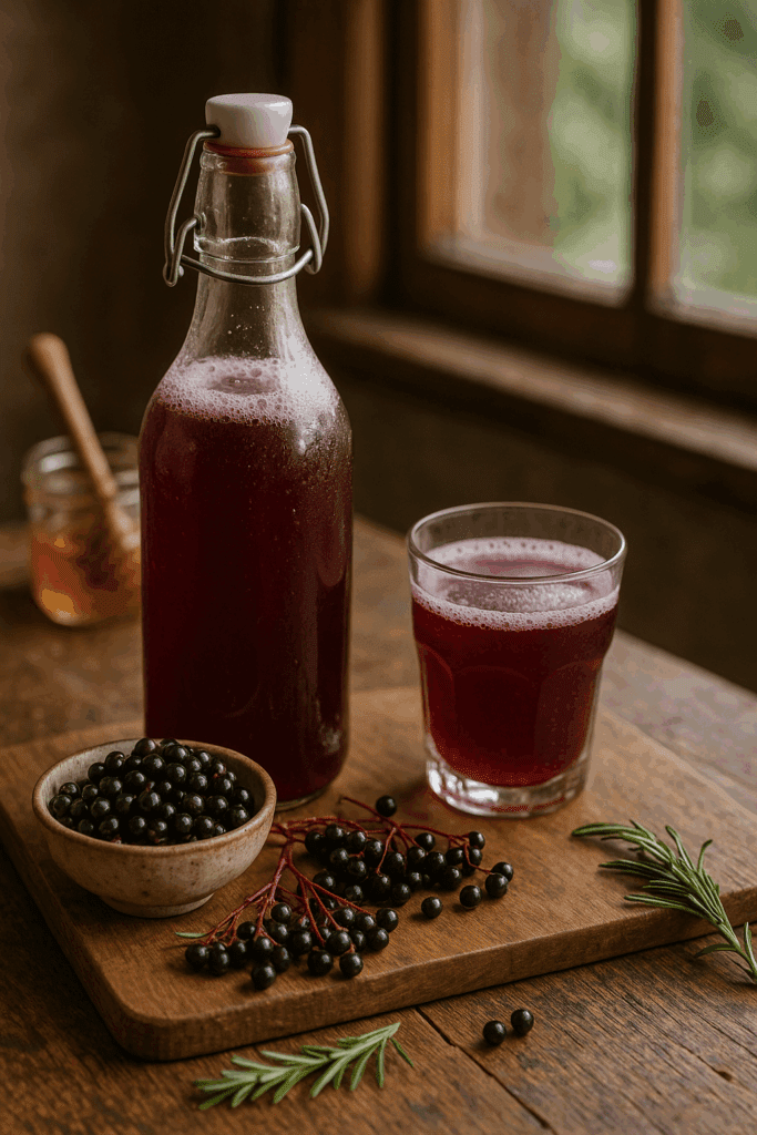 A bottle and glass of elderberry kombucha on a rustic table with fresh elderberries and rosemary